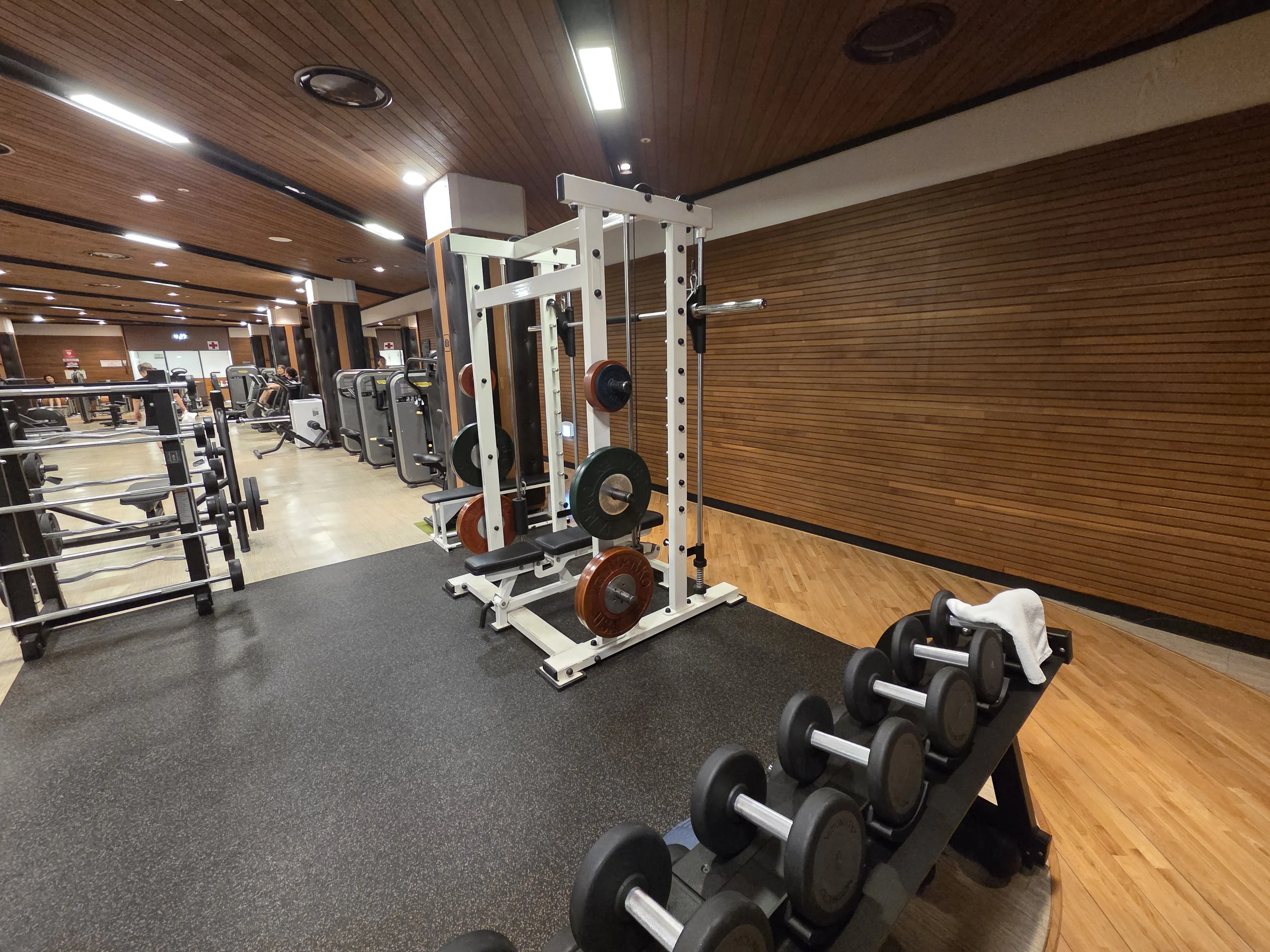 피트니스센터 프리웨이트 구역 덤벨 랙과 스미스 머신