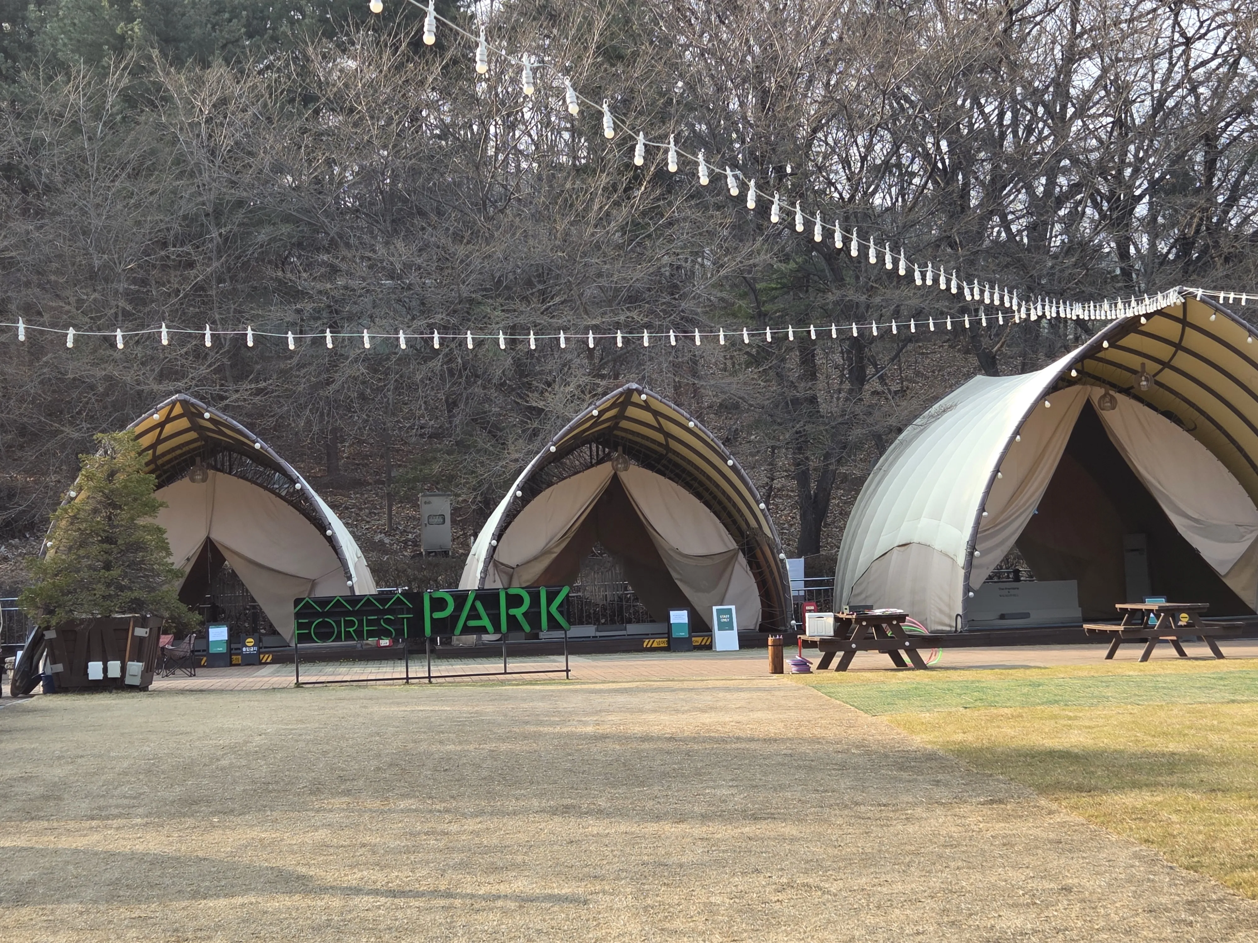 FOREST PARK 사인과 대형 아치형 텐트 3개 정면