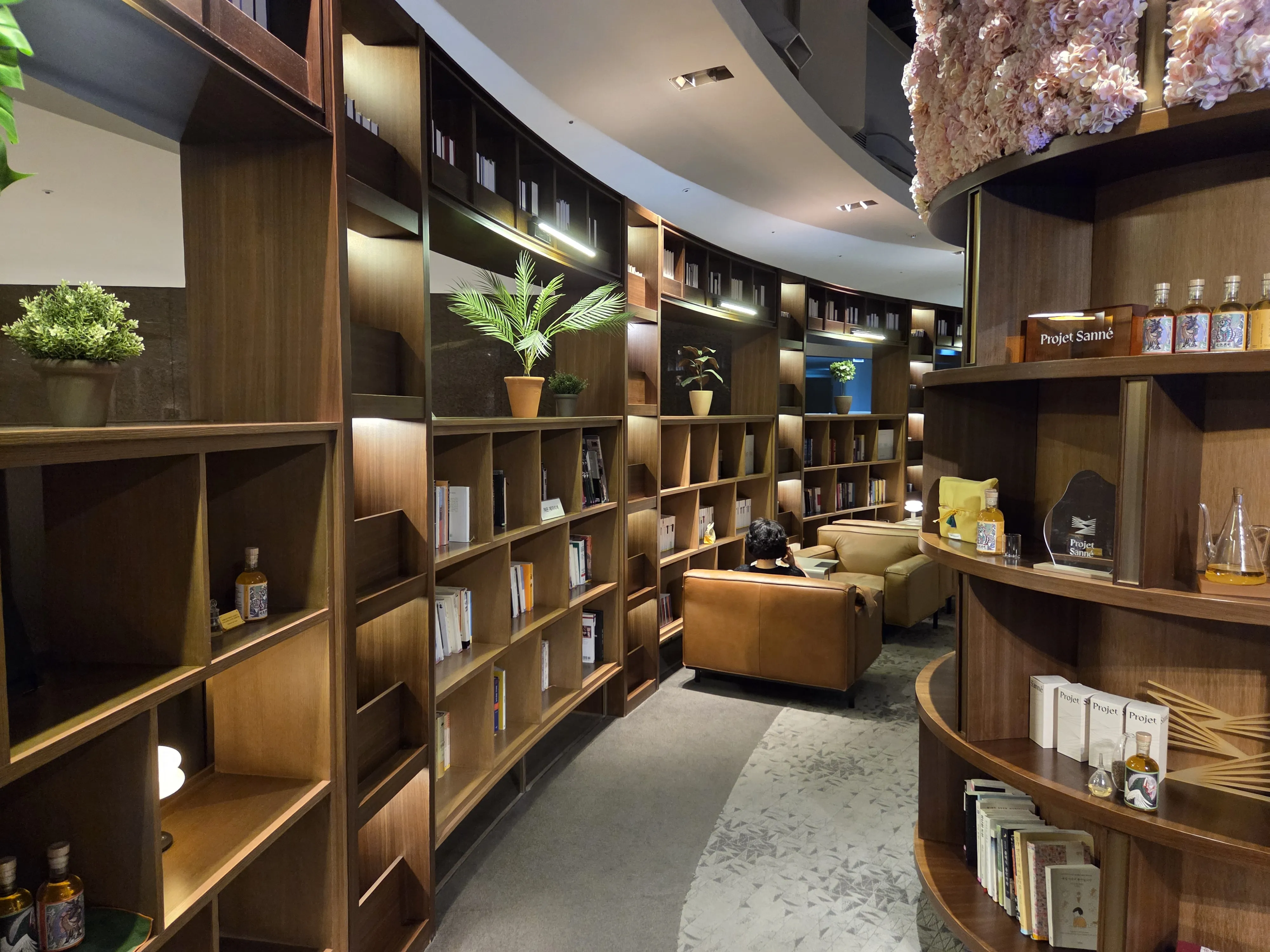 곡선형 원목 책장과 식물 꽃 샹들리에