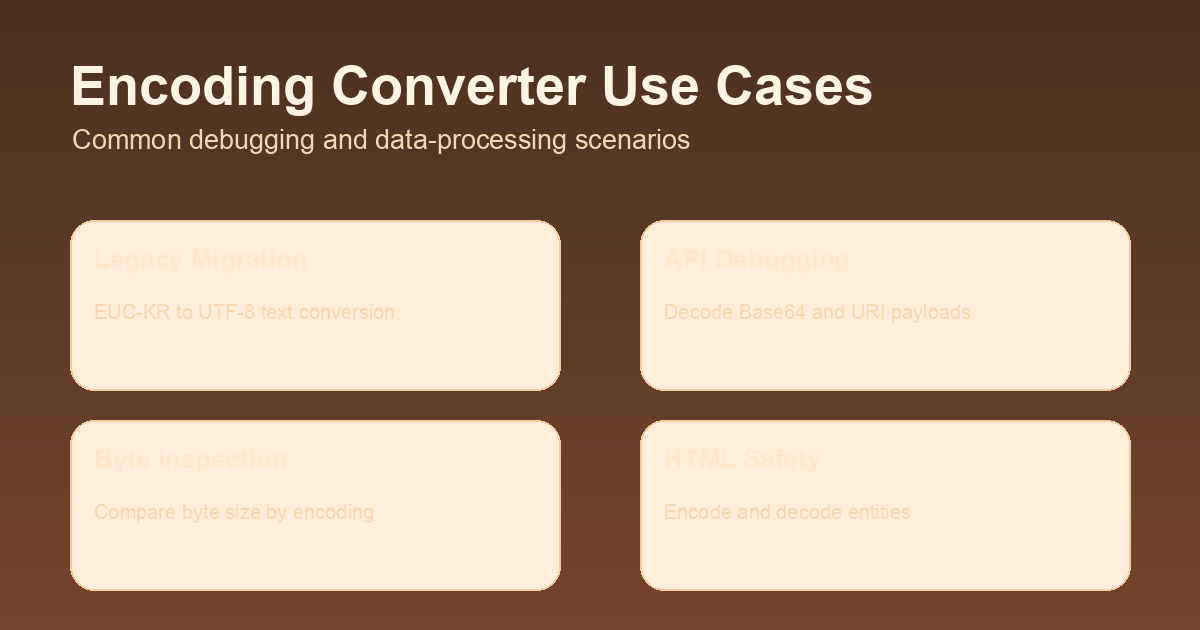 인코딩 변환기 활용 사례 - 레거시 마이그레이션, API 디버깅, 바이트 비교, HTML 안전 처리