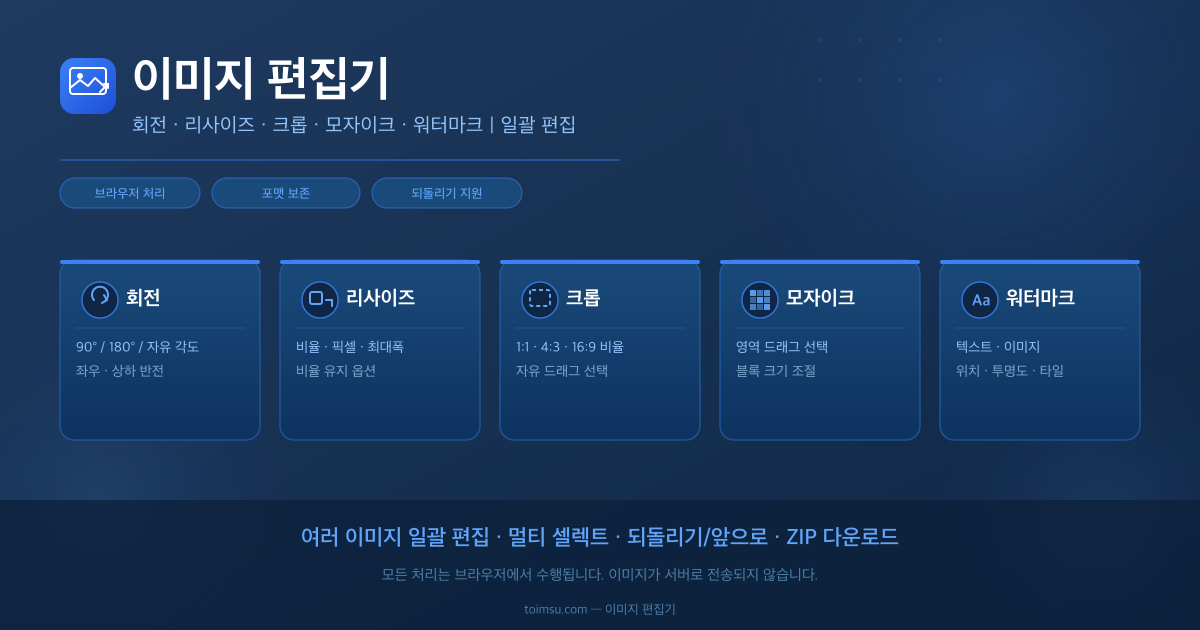 이미지 편집기 기능 요약 - 회전, 리사이즈, 크롭, 모자이크, 워터마크, 일괄 편집