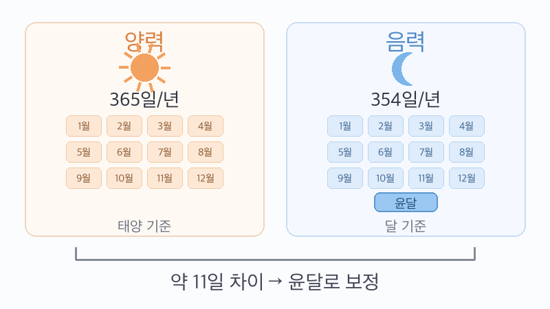 양력과 음력의 차이 비교 - 양력 365일 vs 음력 354일, 윤달로 보정